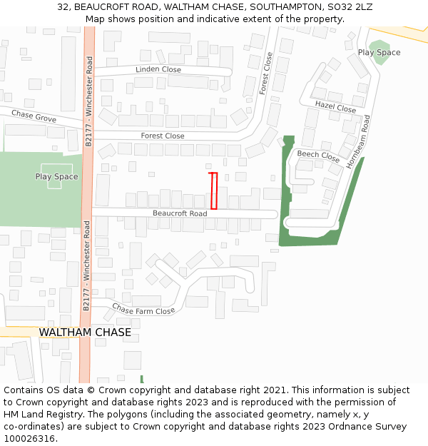 32, BEAUCROFT ROAD, WALTHAM CHASE, SOUTHAMPTON, SO32 2LZ: Location map and indicative extent of plot