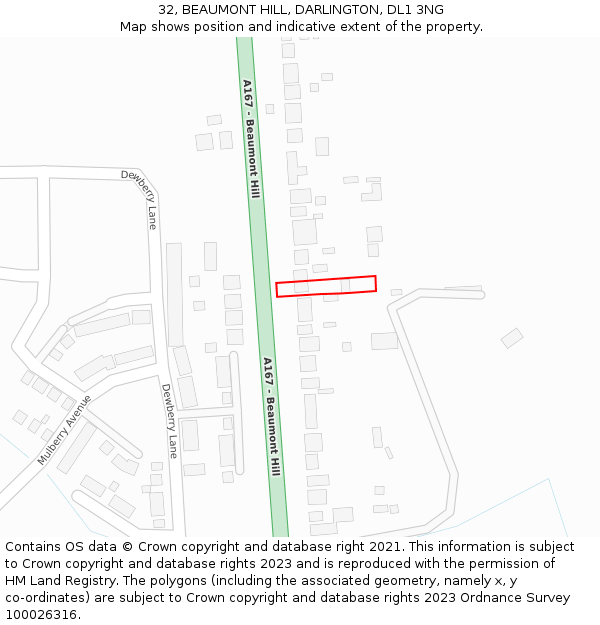 32, BEAUMONT HILL, DARLINGTON, DL1 3NG: Location map and indicative extent of plot