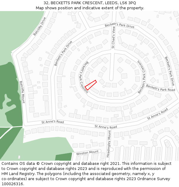 32, BECKETTS PARK CRESCENT, LEEDS, LS6 3PQ: Location map and indicative extent of plot