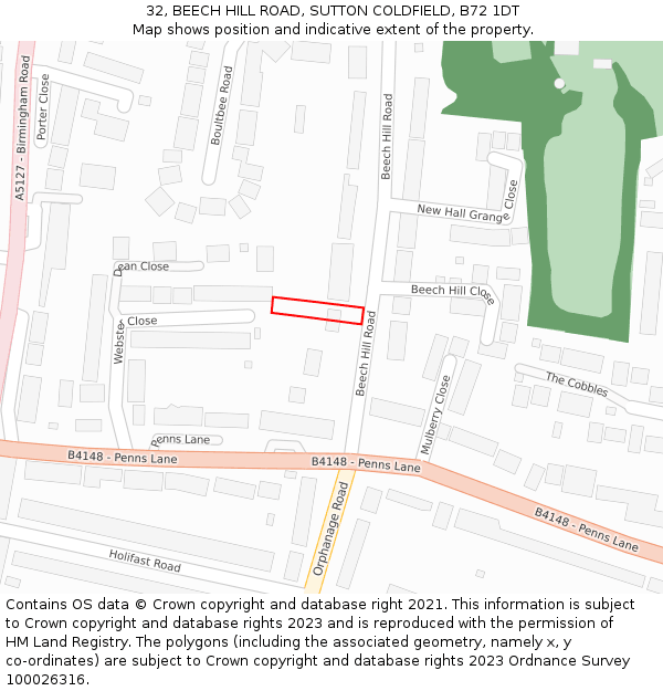 32, BEECH HILL ROAD, SUTTON COLDFIELD, B72 1DT: Location map and indicative extent of plot