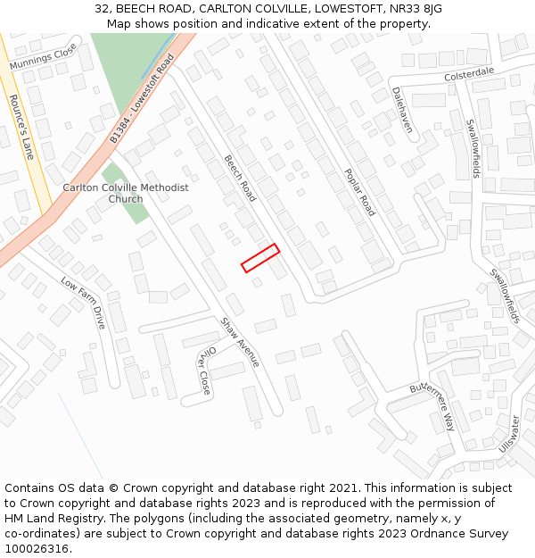 32, BEECH ROAD, CARLTON COLVILLE, LOWESTOFT, NR33 8JG: Location map and indicative extent of plot