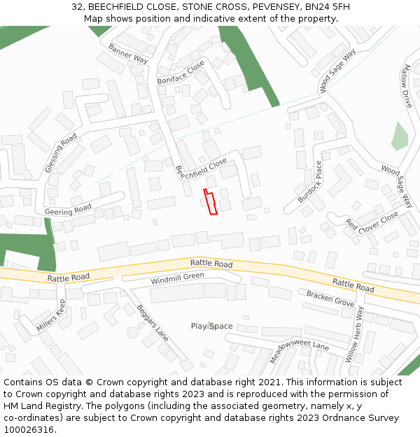 32, BEECHFIELD CLOSE, STONE CROSS, PEVENSEY, BN24 5FH: Location map and indicative extent of plot