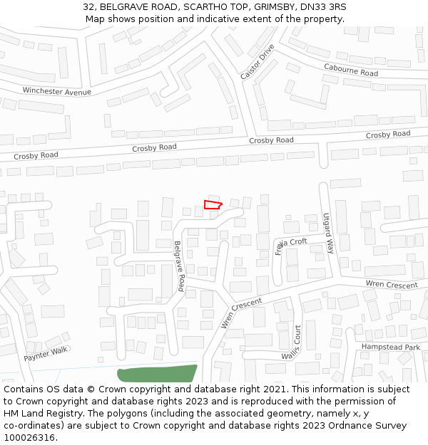 32, BELGRAVE ROAD, SCARTHO TOP, GRIMSBY, DN33 3RS: Location map and indicative extent of plot