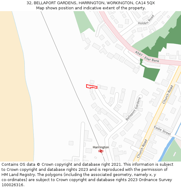 32, BELLAPORT GARDENS, HARRINGTON, WORKINGTON, CA14 5QX: Location map and indicative extent of plot