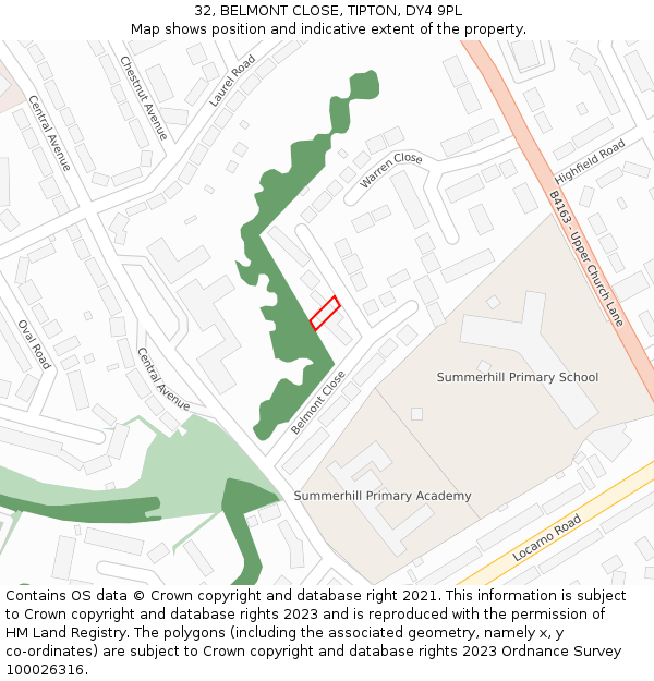 32, BELMONT CLOSE, TIPTON, DY4 9PL: Location map and indicative extent of plot