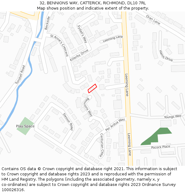 32, BENNIONS WAY, CATTERICK, RICHMOND, DL10 7RL: Location map and indicative extent of plot