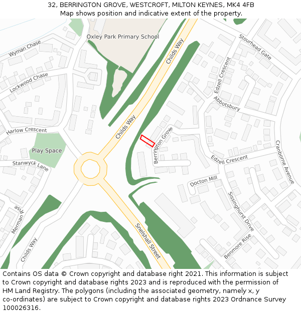 32, BERRINGTON GROVE, WESTCROFT, MILTON KEYNES, MK4 4FB: Location map and indicative extent of plot