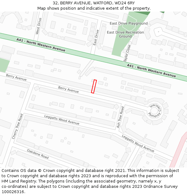 32, BERRY AVENUE, WATFORD, WD24 6RY: Location map and indicative extent of plot