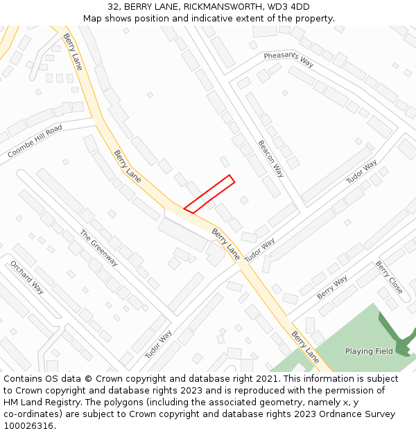 32, BERRY LANE, RICKMANSWORTH, WD3 4DD: Location map and indicative extent of plot