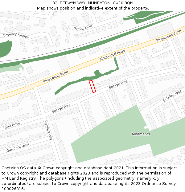 32, BERWYN WAY, NUNEATON, CV10 8QN: Location map and indicative extent of plot