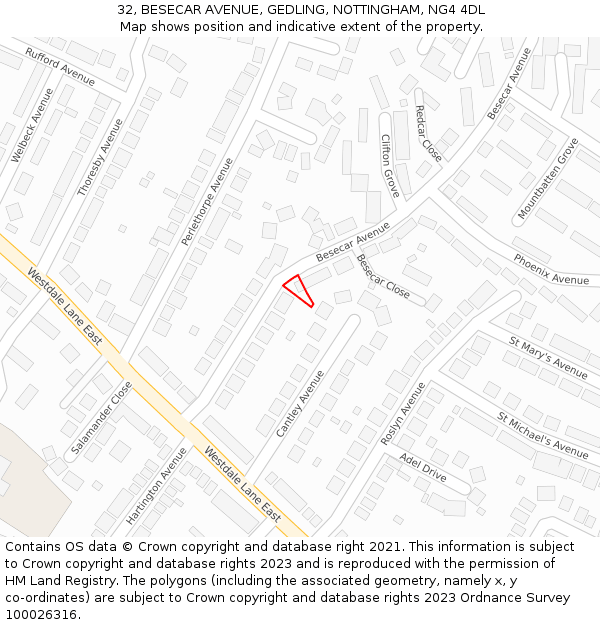 32, BESECAR AVENUE, GEDLING, NOTTINGHAM, NG4 4DL: Location map and indicative extent of plot