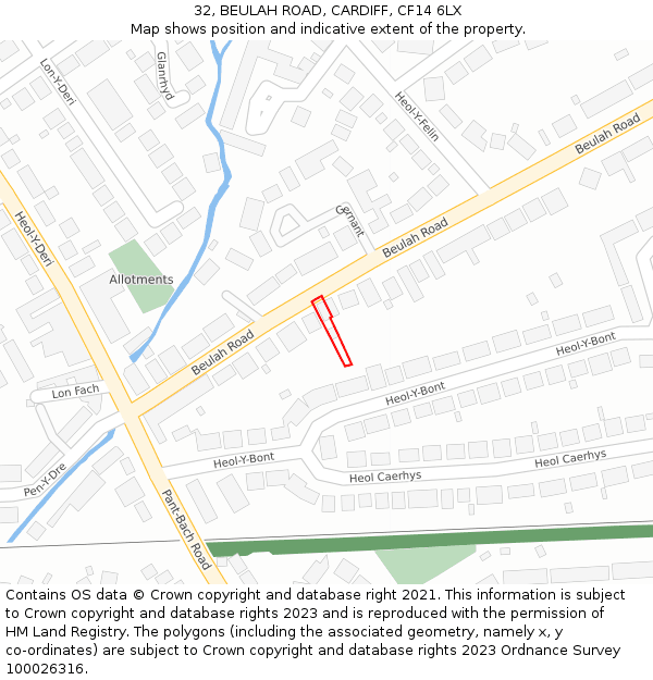 32, BEULAH ROAD, CARDIFF, CF14 6LX: Location map and indicative extent of plot