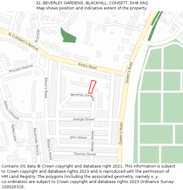 32, BEVERLEY GARDENS, BLACKHILL, CONSETT, DH8 0AQ: Location map and indicative extent of plot