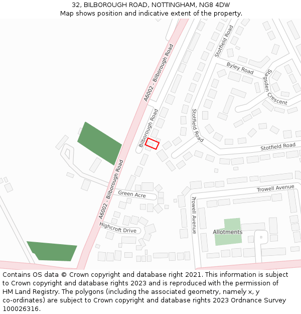 32, BILBOROUGH ROAD, NOTTINGHAM, NG8 4DW: Location map and indicative extent of plot