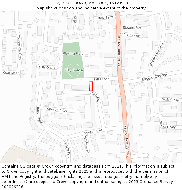 32, BIRCH ROAD, MARTOCK, TA12 6DR: Location map and indicative extent of plot