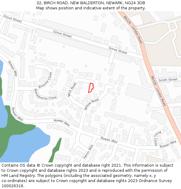 32, BIRCH ROAD, NEW BALDERTON, NEWARK, NG24 3DB: Location map and indicative extent of plot