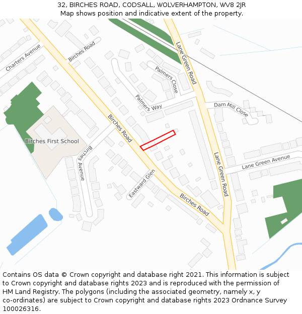 32, BIRCHES ROAD, CODSALL, WOLVERHAMPTON, WV8 2JR: Location map and indicative extent of plot