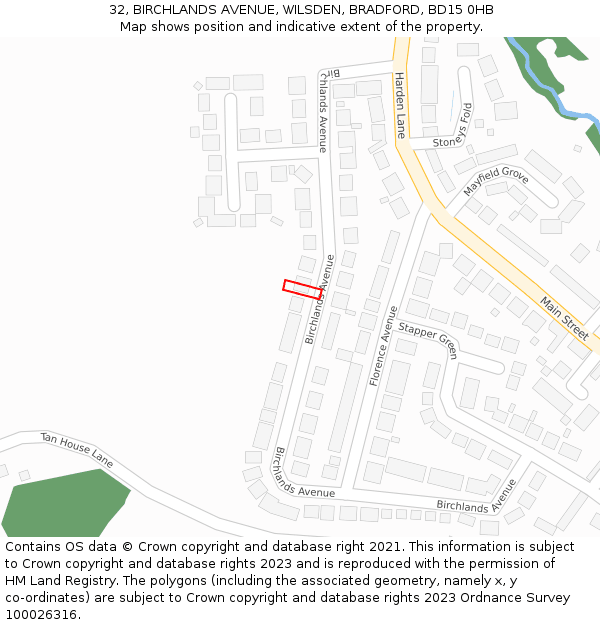 32, BIRCHLANDS AVENUE, WILSDEN, BRADFORD, BD15 0HB: Location map and indicative extent of plot