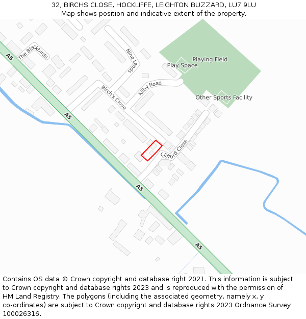 32, BIRCHS CLOSE, HOCKLIFFE, LEIGHTON BUZZARD, LU7 9LU: Location map and indicative extent of plot