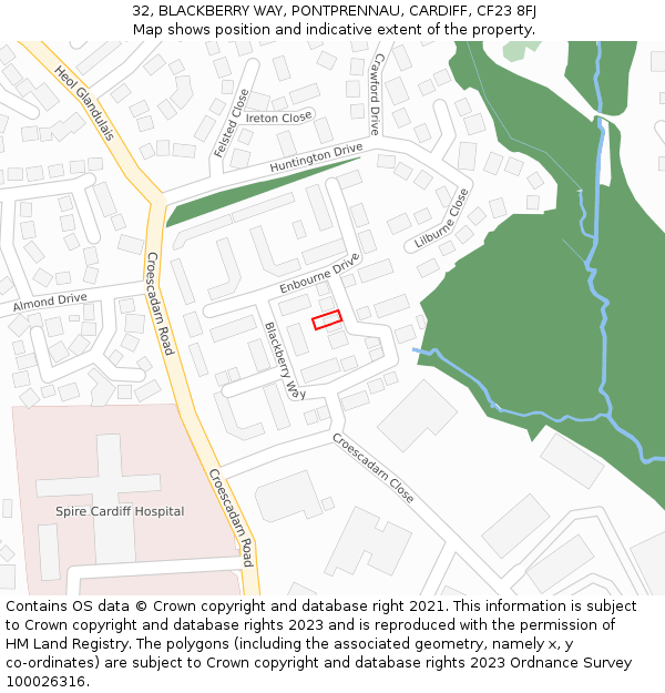 32, BLACKBERRY WAY, PONTPRENNAU, CARDIFF, CF23 8FJ: Location map and indicative extent of plot