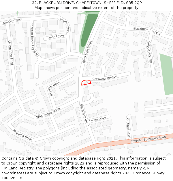 32, BLACKBURN DRIVE, CHAPELTOWN, SHEFFIELD, S35 2QP: Location map and indicative extent of plot