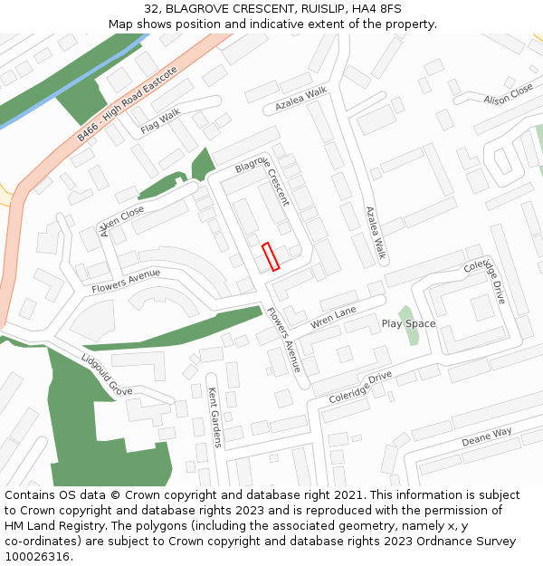 32, BLAGROVE CRESCENT, RUISLIP, HA4 8FS: Location map and indicative extent of plot