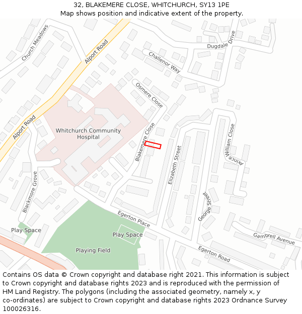 32, BLAKEMERE CLOSE, WHITCHURCH, SY13 1PE: Location map and indicative extent of plot