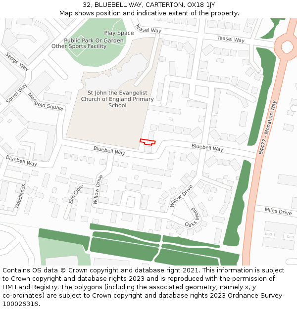 32, BLUEBELL WAY, CARTERTON, OX18 1JY: Location map and indicative extent of plot