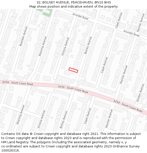 32, BOLNEY AVENUE, PEACEHAVEN, BN10 8HG: Location map and indicative extent of plot