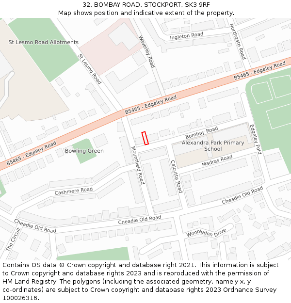 32, BOMBAY ROAD, STOCKPORT, SK3 9RF: Location map and indicative extent of plot