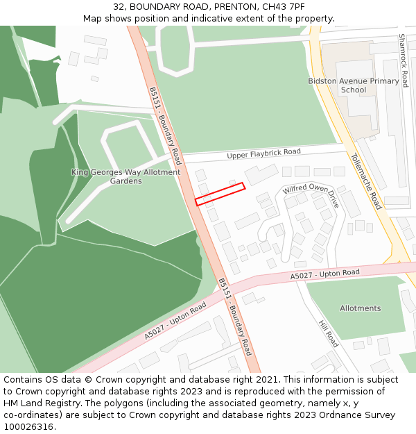 32, BOUNDARY ROAD, PRENTON, CH43 7PF: Location map and indicative extent of plot