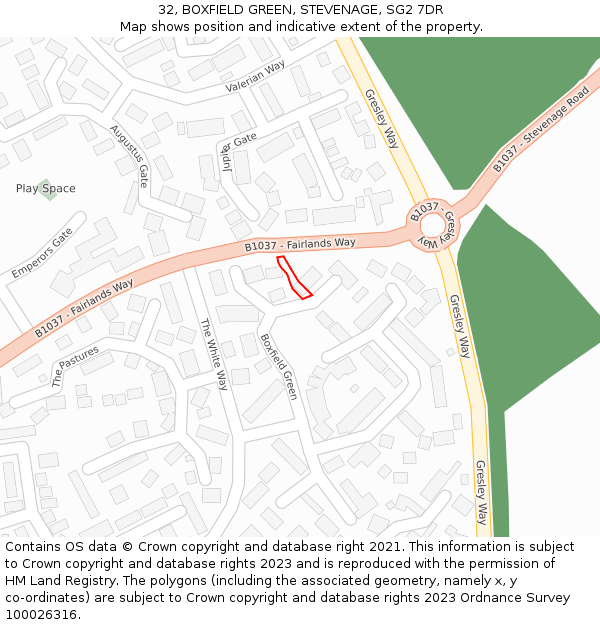 32, BOXFIELD GREEN, STEVENAGE, SG2 7DR: Location map and indicative extent of plot