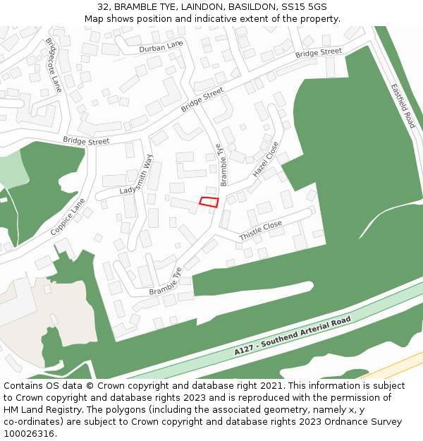 32, BRAMBLE TYE, LAINDON, BASILDON, SS15 5GS: Location map and indicative extent of plot