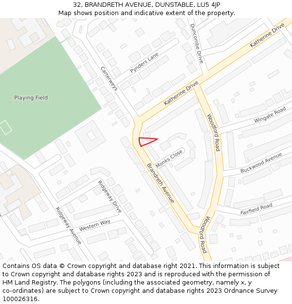 32, BRANDRETH AVENUE, DUNSTABLE, LU5 4JP: Location map and indicative extent of plot