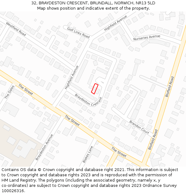 32, BRAYDESTON CRESCENT, BRUNDALL, NORWICH, NR13 5LD: Location map and indicative extent of plot