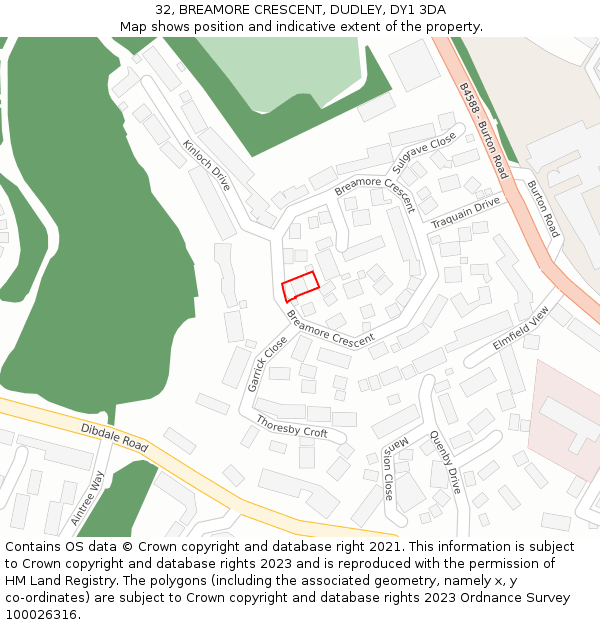 32, BREAMORE CRESCENT, DUDLEY, DY1 3DA: Location map and indicative extent of plot