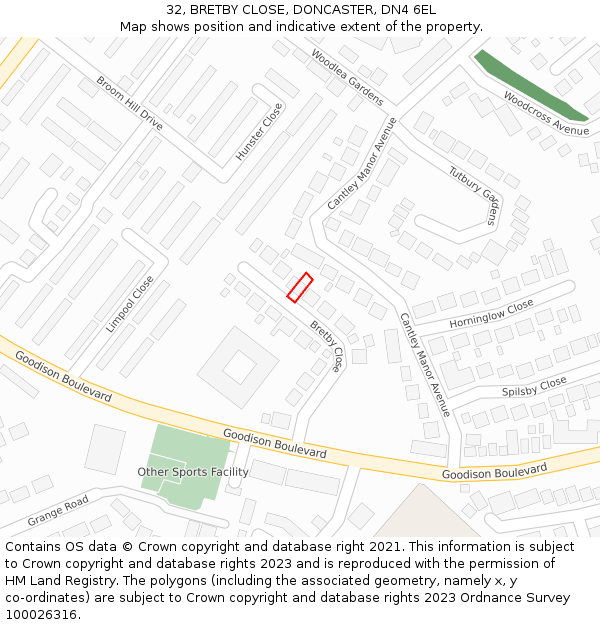 32, BRETBY CLOSE, DONCASTER, DN4 6EL: Location map and indicative extent of plot