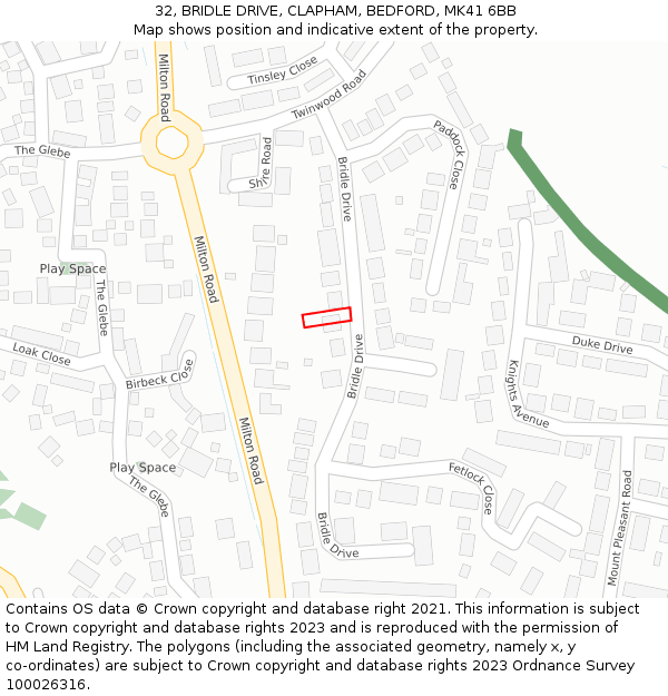 32, BRIDLE DRIVE, CLAPHAM, BEDFORD, MK41 6BB: Location map and indicative extent of plot