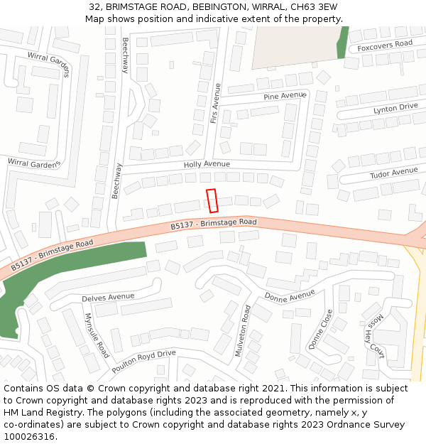 32, BRIMSTAGE ROAD, BEBINGTON, WIRRAL, CH63 3EW: Location map and indicative extent of plot