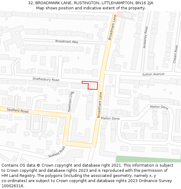 32, BROADMARK LANE, RUSTINGTON, LITTLEHAMPTON, BN16 2JA: Location map and indicative extent of plot