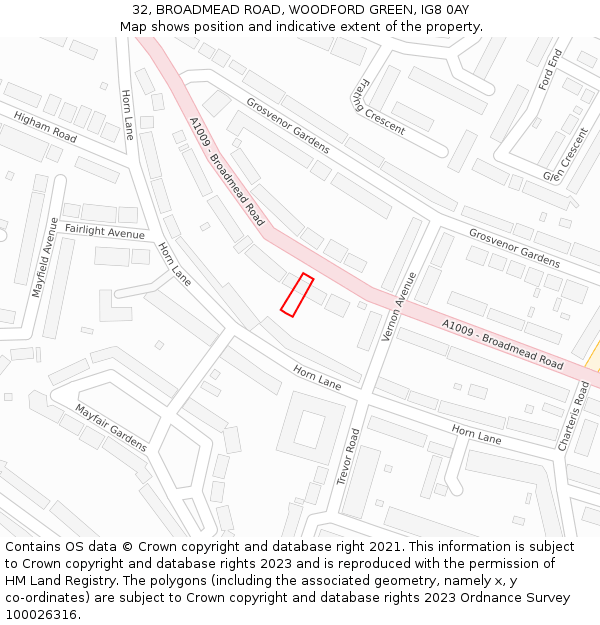 32, BROADMEAD ROAD, WOODFORD GREEN, IG8 0AY: Location map and indicative extent of plot