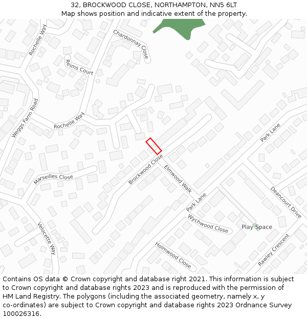 32, BROCKWOOD CLOSE, NORTHAMPTON, NN5 6LT: Location map and indicative extent of plot