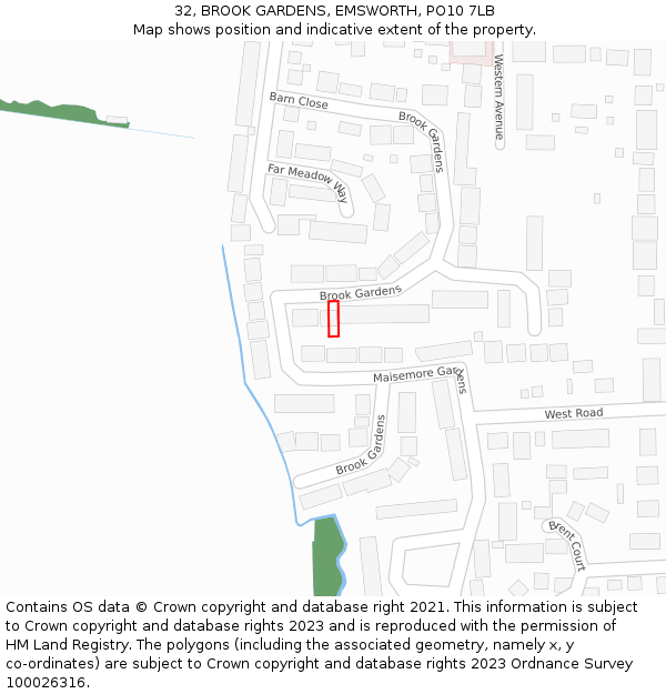 32, BROOK GARDENS, EMSWORTH, PO10 7LB: Location map and indicative extent of plot