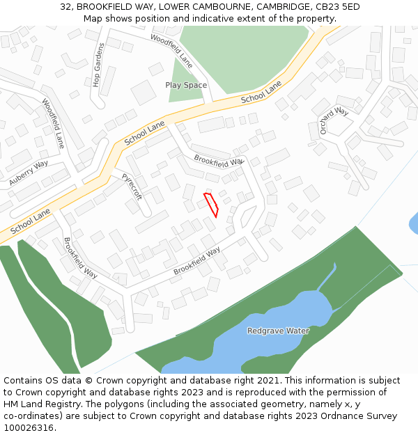 32, BROOKFIELD WAY, LOWER CAMBOURNE, CAMBRIDGE, CB23 5ED: Location map and indicative extent of plot