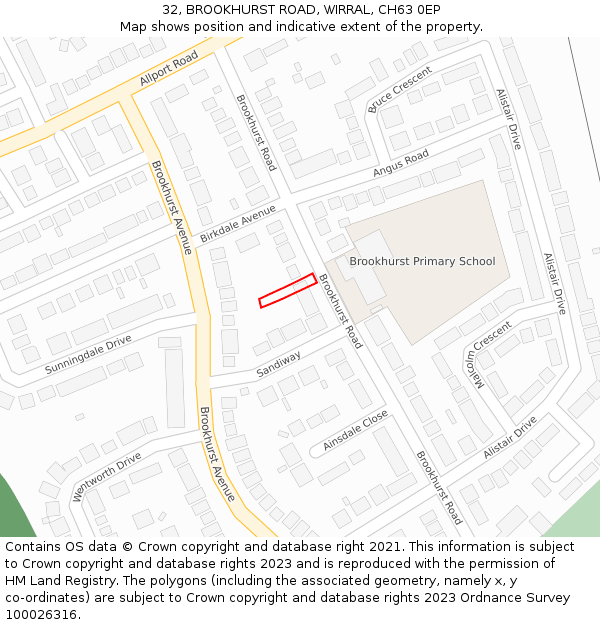 32, BROOKHURST ROAD, WIRRAL, CH63 0EP: Location map and indicative extent of plot