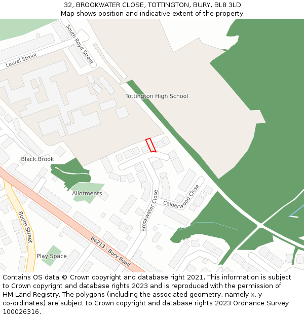 32, BROOKWATER CLOSE, TOTTINGTON, BURY, BL8 3LD: Location map and indicative extent of plot