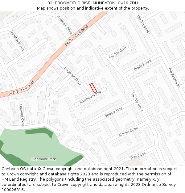 32, BROOMFIELD RISE, NUNEATON, CV10 7DU: Location map and indicative extent of plot