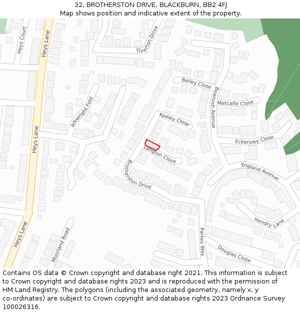 32, BROTHERSTON DRIVE, BLACKBURN, BB2 4FJ: Location map and indicative extent of plot