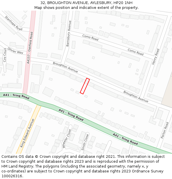 32, BROUGHTON AVENUE, AYLESBURY, HP20 1NH: Location map and indicative extent of plot