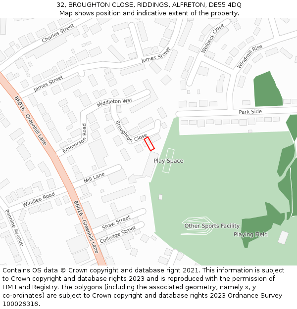 32, BROUGHTON CLOSE, RIDDINGS, ALFRETON, DE55 4DQ: Location map and indicative extent of plot